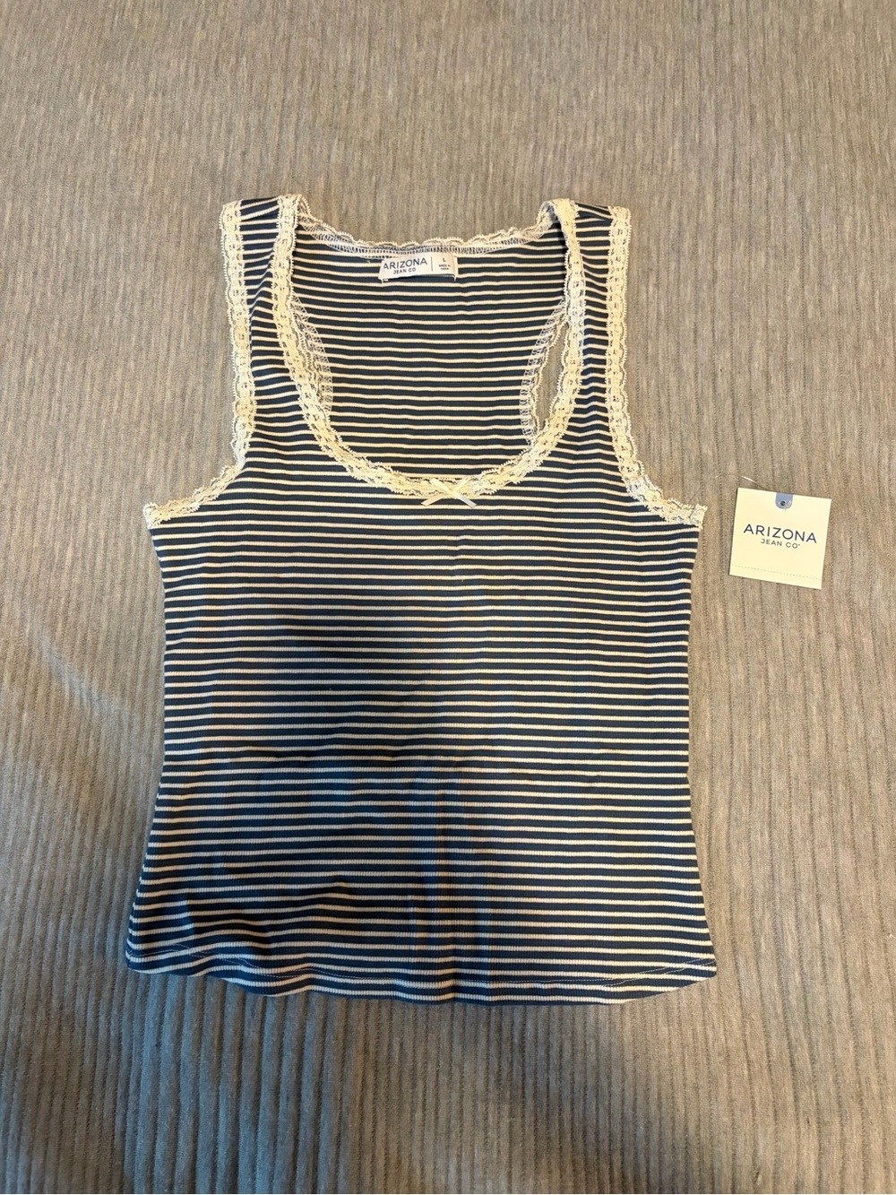 NWT JCPenney Arizona White and Blue Striped Lace Trim Cami, Size Large